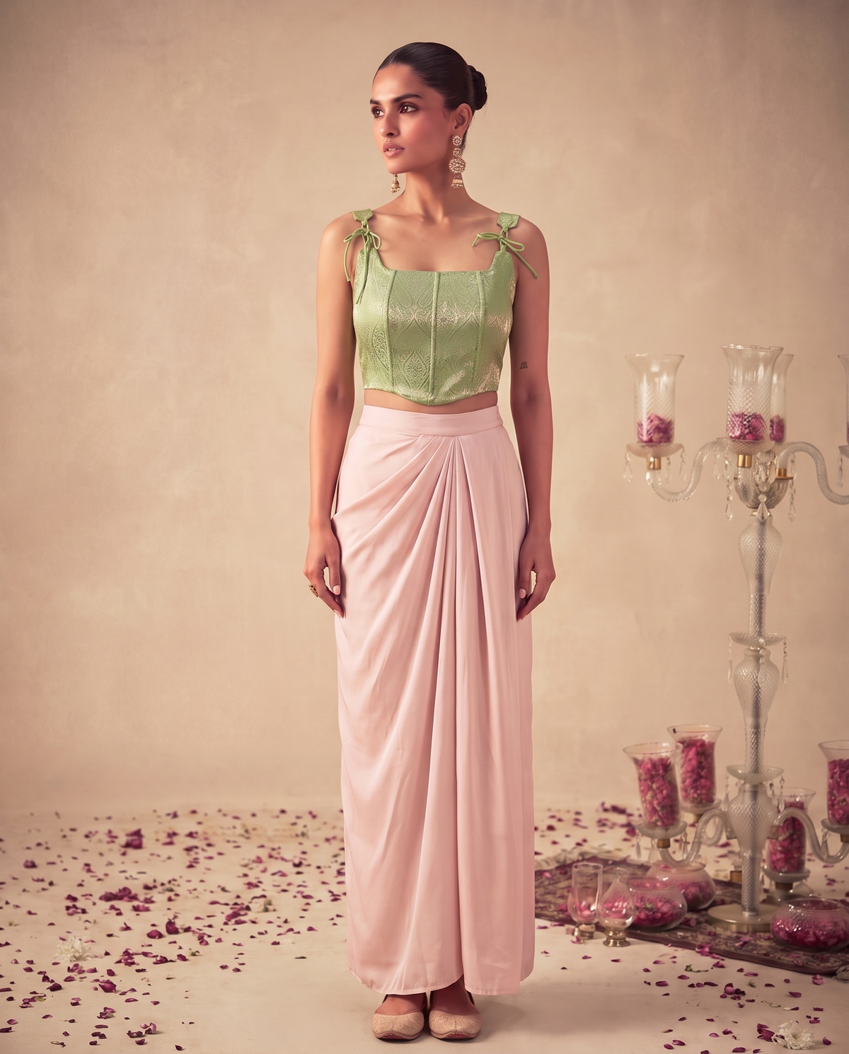 Set of 2 Mint Green Brocade Corset Top& satin silk draped skirt set