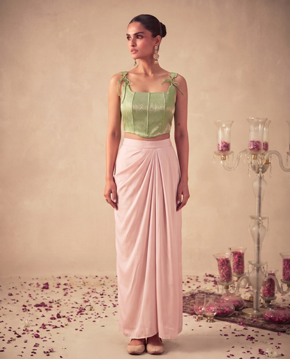 Set of 2 Mint Green Brocade Corset Top& satin silk draped skirt set