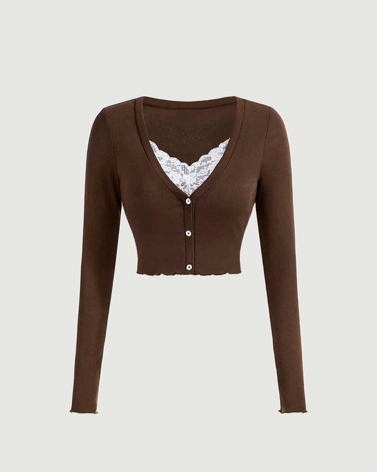 topwear,tops,casual, vacation,gen z, minimal, soft girl, summer,knitted, stretchable,ribbed,brown,solid,lettuce edge,lace, button,skinny fit,crop,crop,lettuce hem,v-neck,no straps,set in sleeves,long sleeves	OY2155, 25080017GG