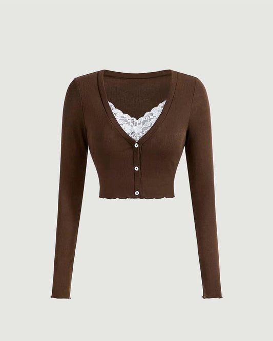 topwear,tops,casual, vacation,gen z, minimal, soft girl, summer,knitted, stretchable,ribbed,brown,solid,lettuce edge,lace, button,skinny fit,crop,crop,lettuce hem,v-neck,no straps,set in sleeves,long sleeves	OY2155, 25080017GG