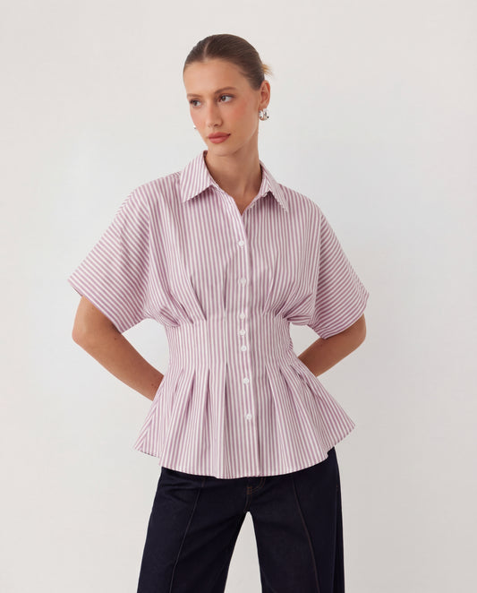 Pleated Cinched Waist Striped Top in Dusty Pink