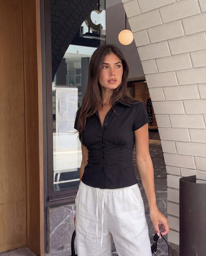 Black Waist Fitted Cotton Shirt