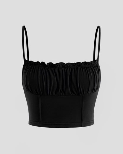 RUCHED CROP TOP,adjustable strap, black, cami neck, casual, crop, knitted, ribbed, ruched, skinny fit, sleeveless, solid, streetwear, stretchable, tops, topwear,ruched-crop-top-black,Color- Black
Fabric- Ribbed
Fit- Skinny Fit 
Length- Crop
Neck- Cami Neck
Sleeves- Sleeveless
Straps- Adjustable Straps
Print- Solid
Details- Ruching