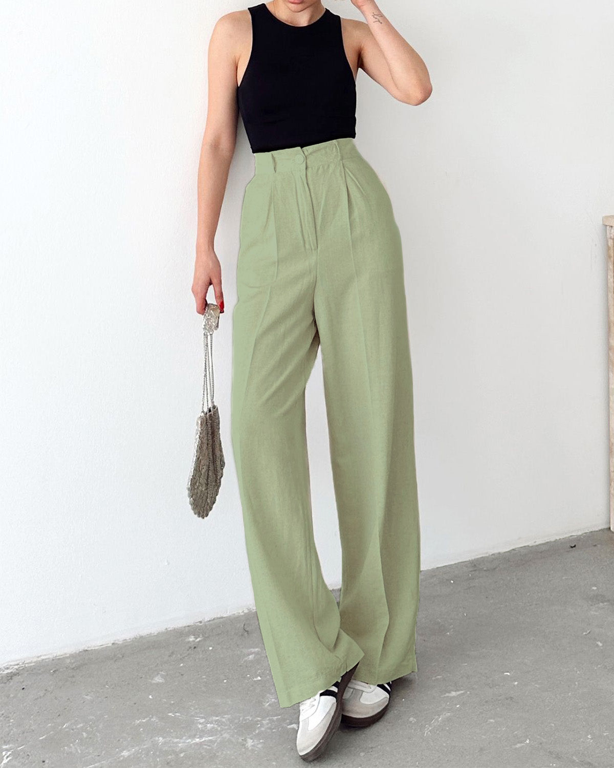 INVERTED PLEAT SOLID PANTS,Color: Pista
Fabric: 95% poly 5% spandex
Fit: Tailored Fit 
Length: Full Length (41")
Waist: High Rise 
Closure: Zip & Button
No. of Pockets: 2
Print: Solid,pants,bottomwear,pants,semi-formal,workwear,stretchable,polyester, spandex,pista,pleated,tailored fit,straight,full length,high rise
