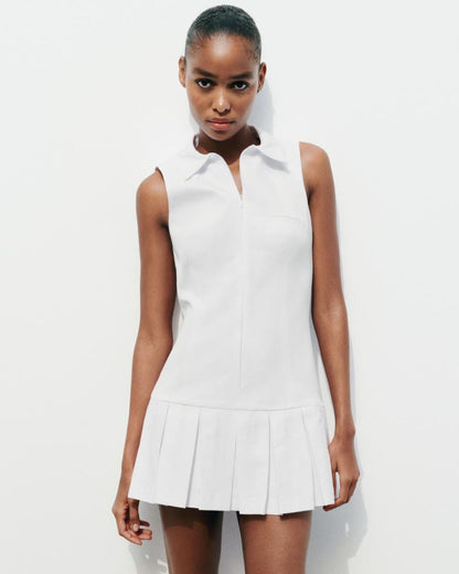 tailored-a-line-dress,TAILORED A-LINE DRESS,dresses,dresses,outdoor event,streetwear,woven,poplin,white,solid,pleated,regular fit,a line,mini,collared,sleeveless,