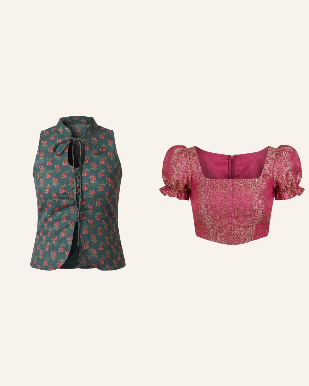 Set of 2 Fuschia Pink Banarasi Top & Block Print Keyhole Vest