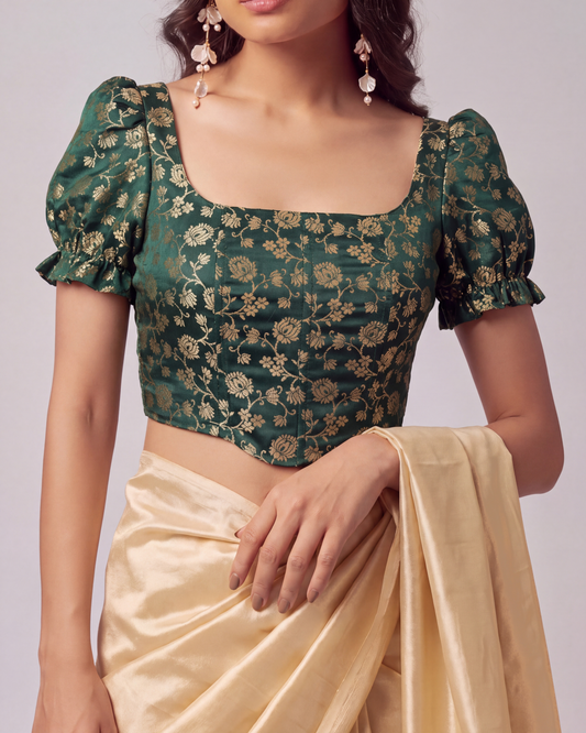 Teal Green Puff Sleeve Brocade Saree Corset Blouse