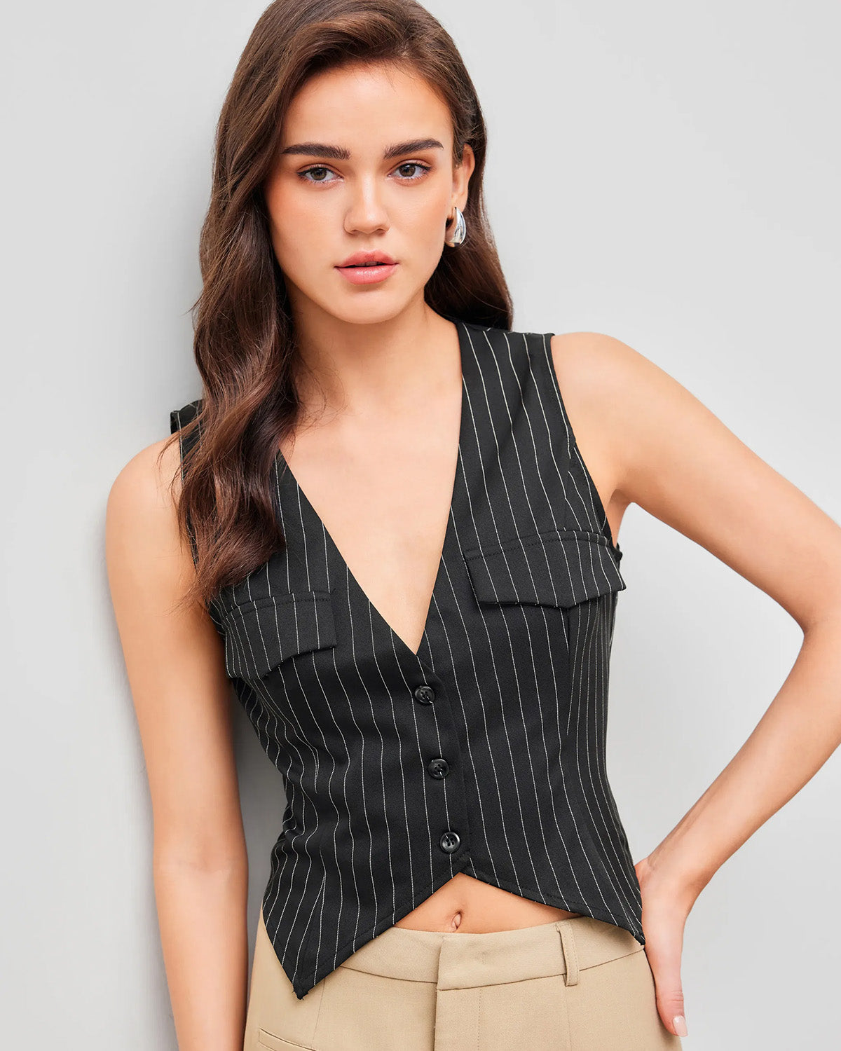 topwear,tops,formal, semi-formal,minimal, sophisticated, summer,woven,polycotton,black,stripe,button,slim fit,fitted,waist length,curved hem,v-neck,sleeveless, OY2001, 25060033GG