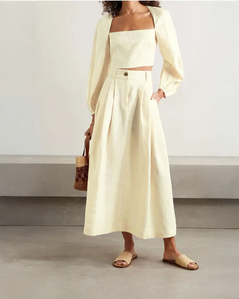 coord sets,skirt, topwear,vacation, outdoor events,minimal, sophisticated, summer, urban fit,woven,cotton slub,cream,solid,cutout, pleated,regular fit top,fitted top,crop top,straight hem,square neck,balloon sleeves,long sleeves,zipper back,skirts,a-line skirt,midi,mid rise waist,OY1404- cream, 25090081GG