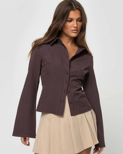 topwear,shirts,casual, semi-formal,minimal, streetwear,summer,woven,polycotton,brown,stripes,slim fit,regular,straight hem,collared,flared sleeves,long sleeves	25040023GG, OY1021