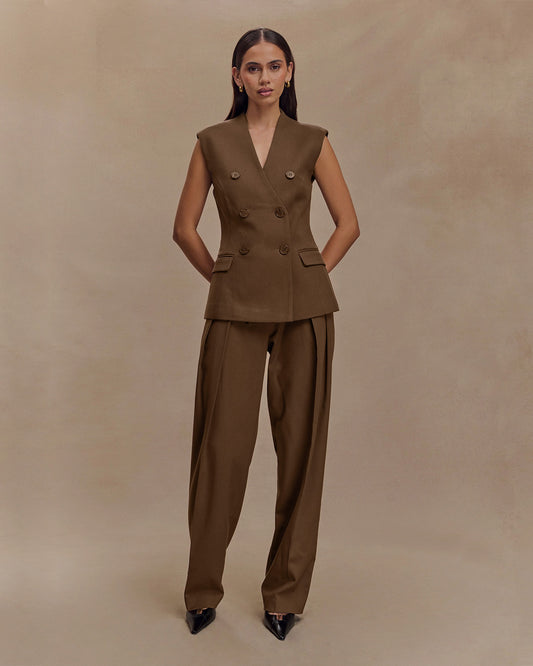 coord sets,bottomwear, topwear,formal, semi-formal, summer,urban fit, genz, minimal,woven,cotton twill,,,brown,solid,double breasted,buttons,regular fit top,waistcoat,longline top,straight hem,v neck,no straps ,no sleeves,sleeveless,button up top,pants,wide leg pants,full length,straight hem,mid rise waist,side pockets,OY3056, 25070026GG