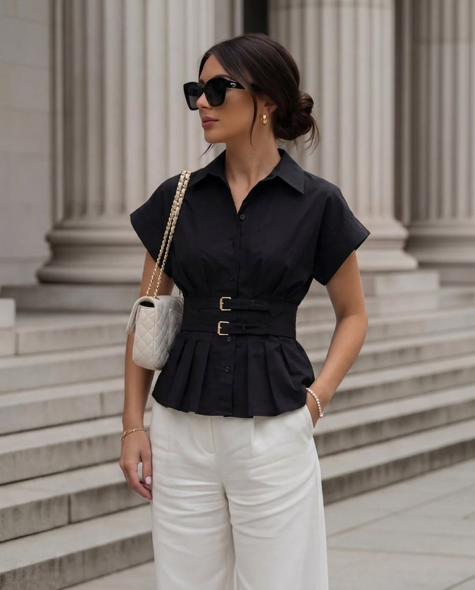 Black Pleated Double Belted Shirt