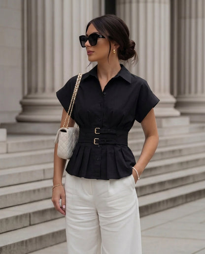 Black Pleated Double Belted Shirt