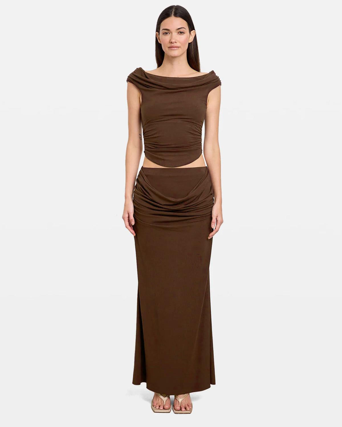 coord sets,bottomwear, topwear,casual chic, outddoors, vacation, lunch date, summer,urban fit, genz, minimal,knitted,ribbed,brown,solid,gathers ,,,slim fit top,fitted top,waist length,curve hem top,off shoulder,no straps,sleeveless,cold shoulder,slip on top,pants,pencil skirt,full length,straight hem,mid rise waist,no pockets, OY3050, 25070021GG