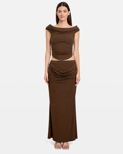 coord sets,bottomwear, topwear,casual chic, outddoors, vacation, lunch date, summer,urban fit, genz, minimal,knitted,ribbed,brown,solid,gathers ,,,slim fit top,fitted top,waist length,curve hem top,off shoulder,no straps,sleeveless,cold shoulder,slip on top,pants,pencil skirt,full length,straight hem,mid rise waist,no pockets, OY3050, 25070021GG