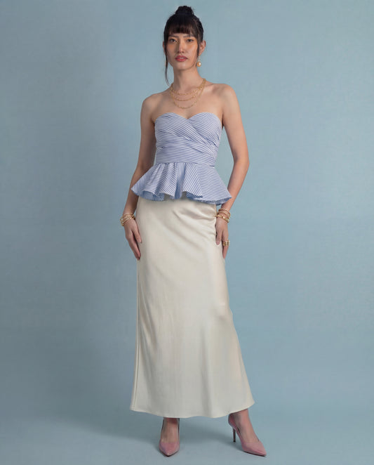 Blue Pinstripe Peplum Top With Ivory Satin Skirt
