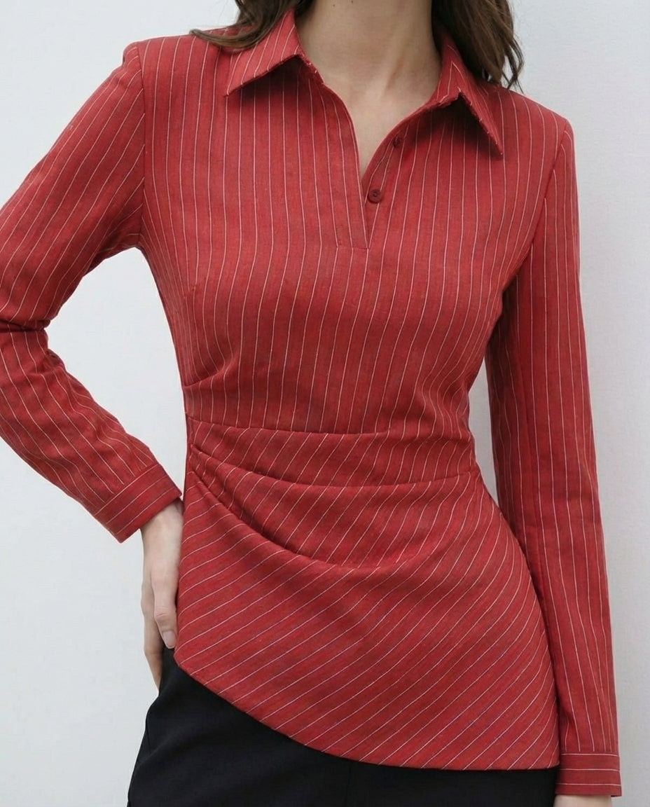 Red Pinstripe Asymmetric Hem Shirt