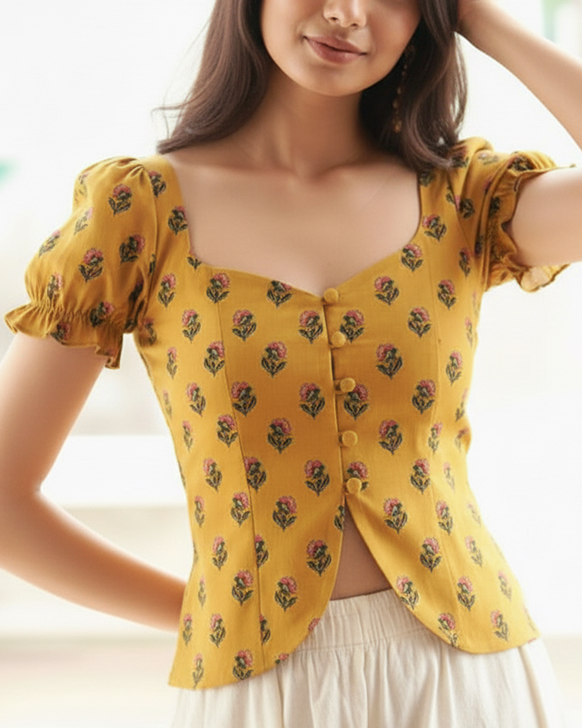 topwear,tops,ethnic, indo-western,ethnic wear, festive wear, indian wear, summer, casual,woven,poly cambric,printed,mustard yellow,floral print,slit in front,button ,skinny fit,slim fit top,waist length,curved hem,diamond neck,no straps,puff sleeves,short sleeves	OY2099, 25070053GG