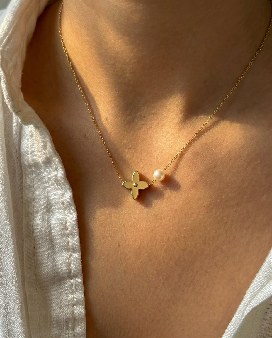 Golden Pearl Clover Necklace