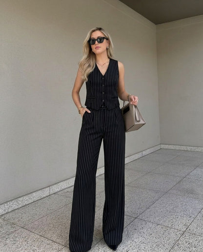 Pinstripe Vest and Wide-Leg Trousers Suit Set