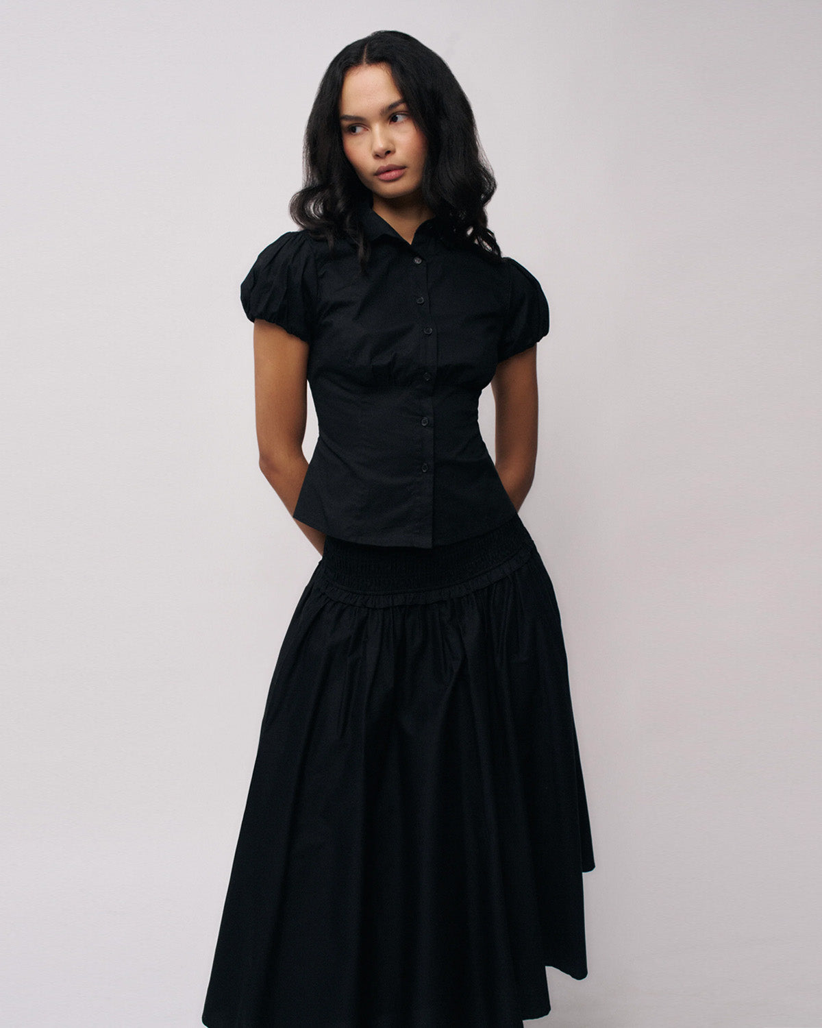 topwear,tops,casual, semi-formal,minimal, summer, timeless,woven,cotton,black,solid,ruched,button,slim fit,waist length,curved hem,collared,puff sleeves,OY1905	,25060005GG