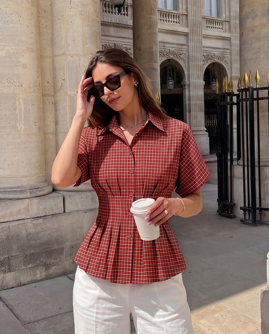 Pleated Cinched Waist Check Shirt in Red