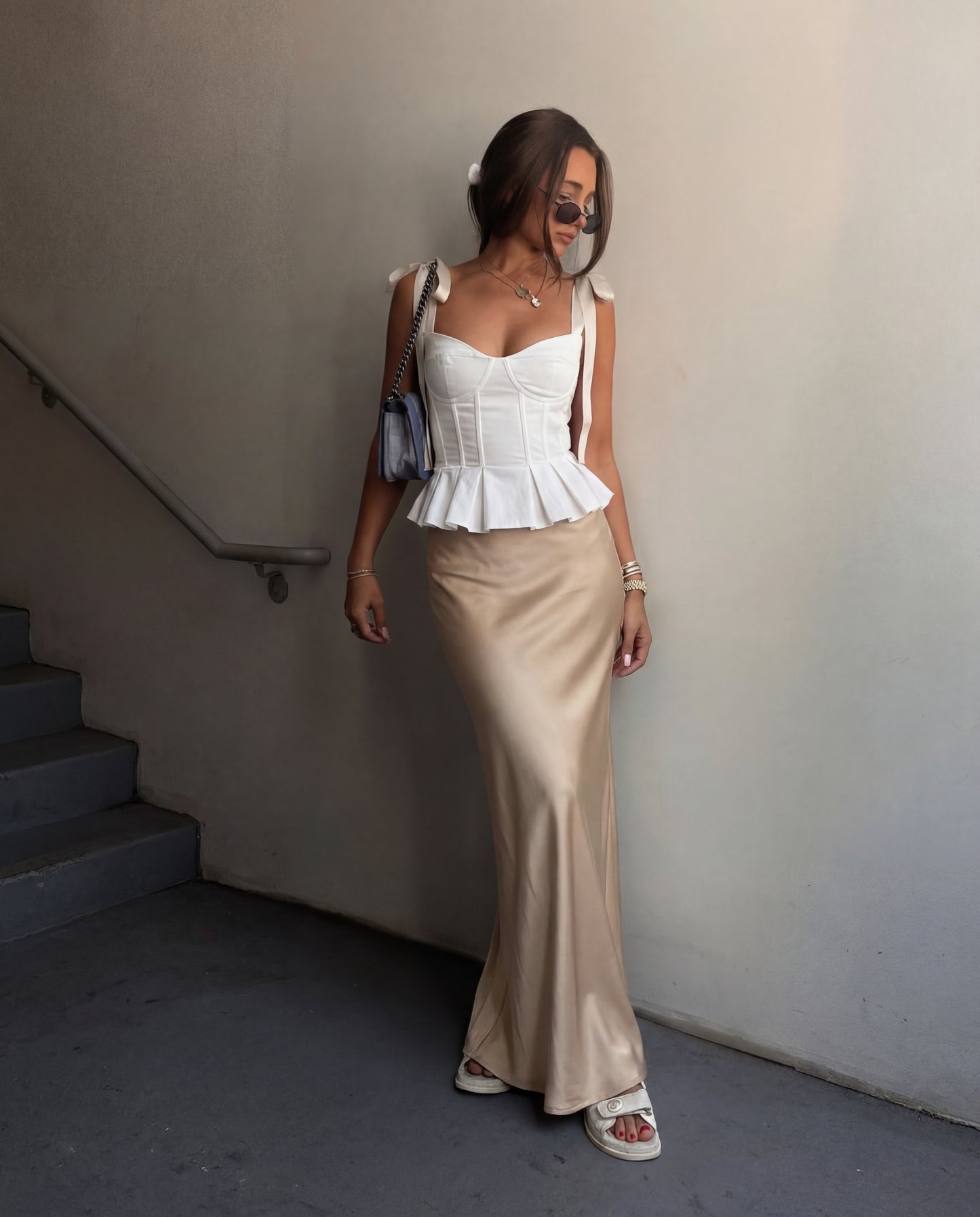 White Bowknot Straps Flared Top With Gold Satin Skirt