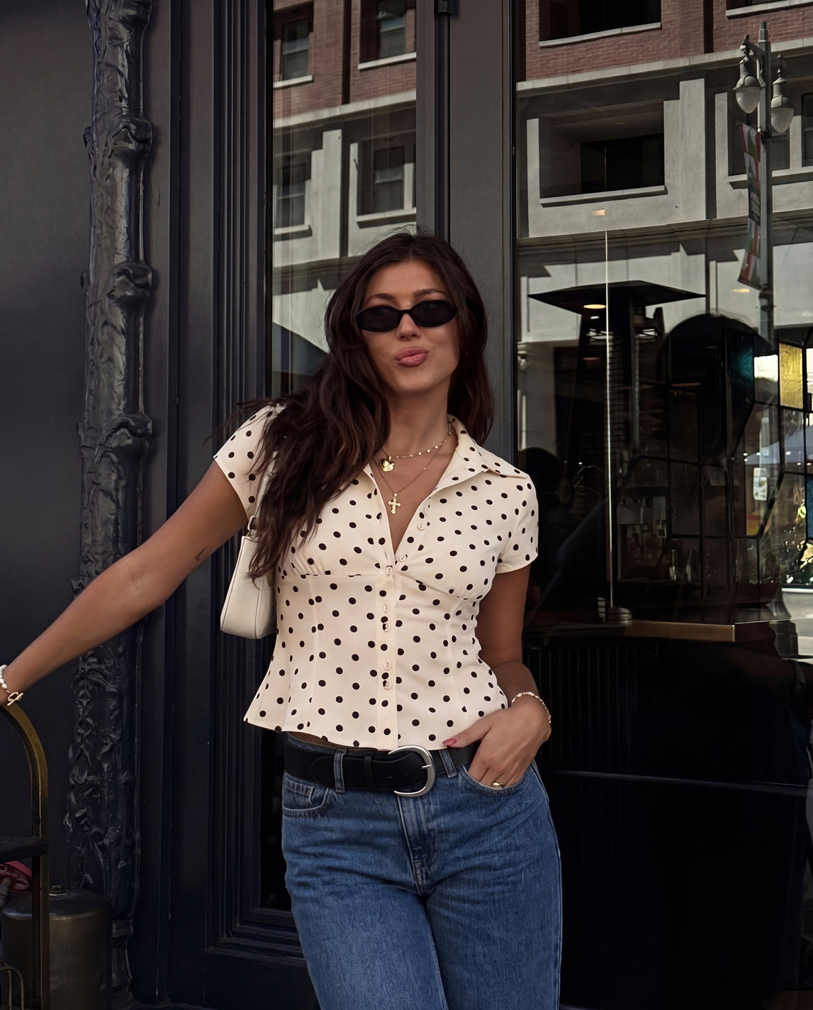 Ivory Polka Dot Waist Fitted Shirt