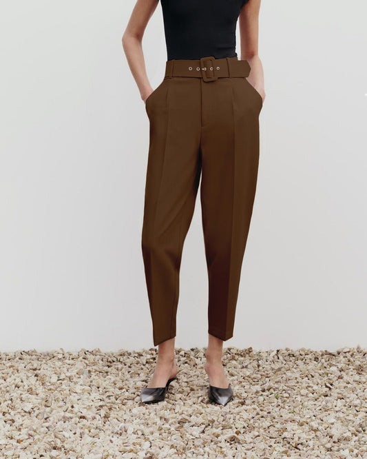 bottomwear,pants,formal, semi-formal,business outfit, urban fit, workwear,woven,polyester, spandex,brown,pleated,belt,tailored fit,tapered,full length,high rise	25090038GG, OY942