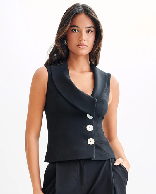 topwear,tops,formal, semi-formal, outdoor events,creative workwear, sophisticated, summer,stretchable,polyester, spandex,black,solid,regular fit,waist coat,waist length,scoop neck,sleeveless,25010062GG, OY1706