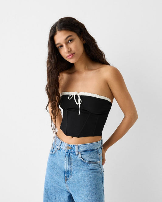 gathered-bandeau-top,RUFFLED BANDEAU TOP,topwear,tops,casual,streetwear,knitted,ribbed,black,solid,gathered,slim fit,bandeau,crop,off shoulder,