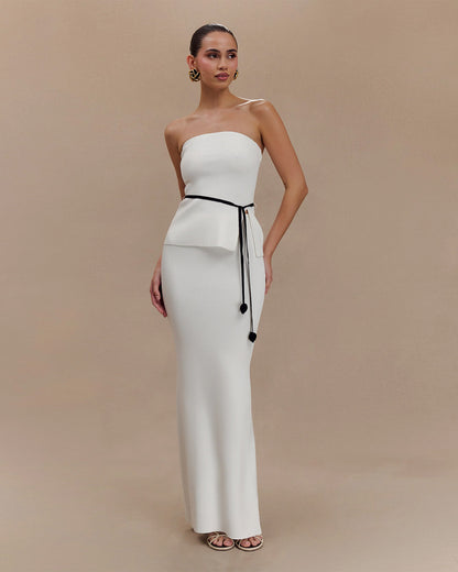 coord sets,bottomwear, topwear,casual chic, vacation, outdoor events,bold, minimal, summer, streetwear, utilitarian,knitted,ribbed,white,solid,slit,drawstring,skinny fit top,bandeau,waist length top,slit hem,off shoulder,no straps,no sleeves,no sleeves,skirts,Pencil Skirt,full length,straight hem,mid rise waist,no pockets, OY2176, 25080008GG