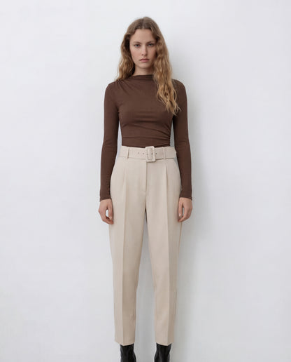 Brown Ribbed Bodysuit with Belted Tapered Pant Set