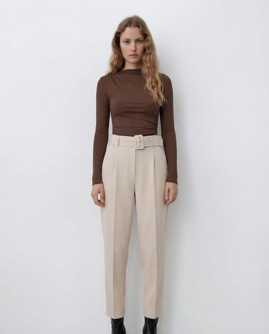 Brown Ribbed Bodysuit And Belted Tapered Pant Set