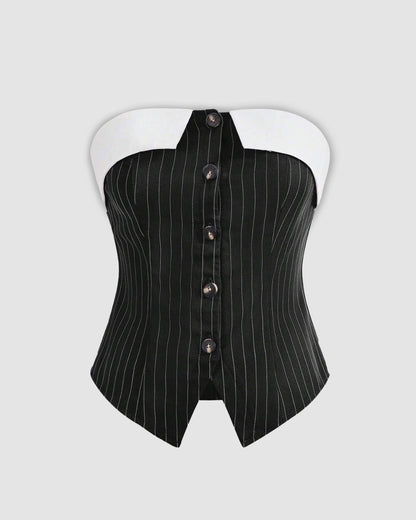 Black Pinstripe Button-Front Corset Top