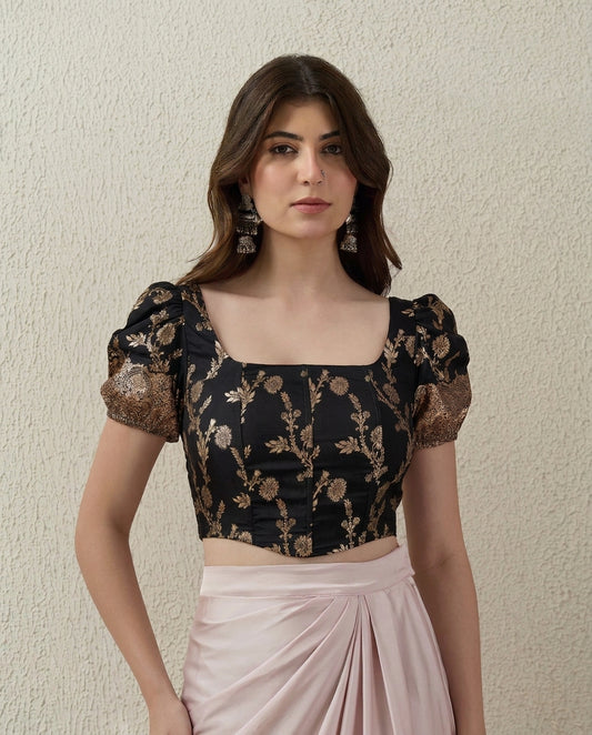 Black Puff Sleeves Brocade Corset Top