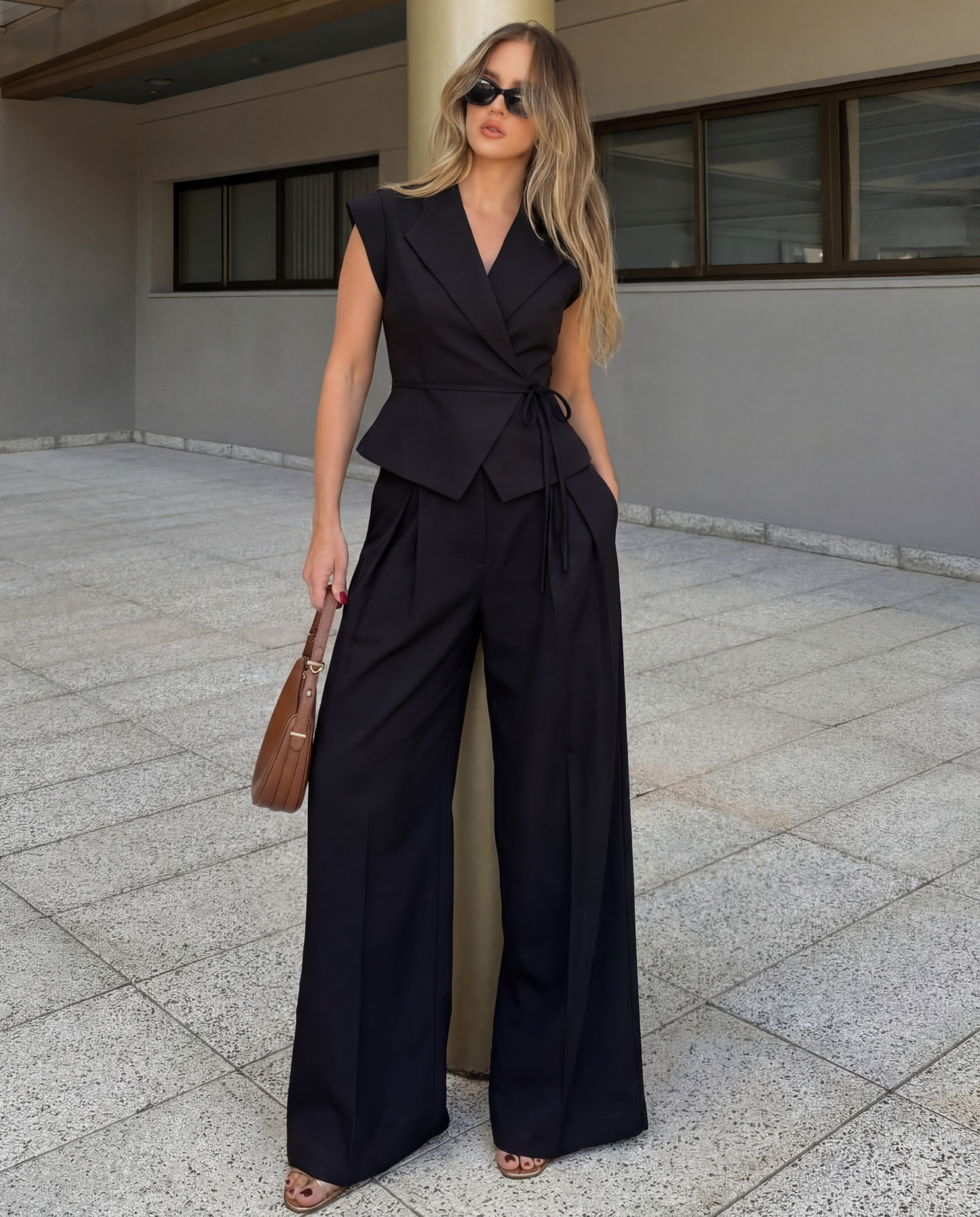 Black Tailored Peplum Vest and Wide Leg Pant Set