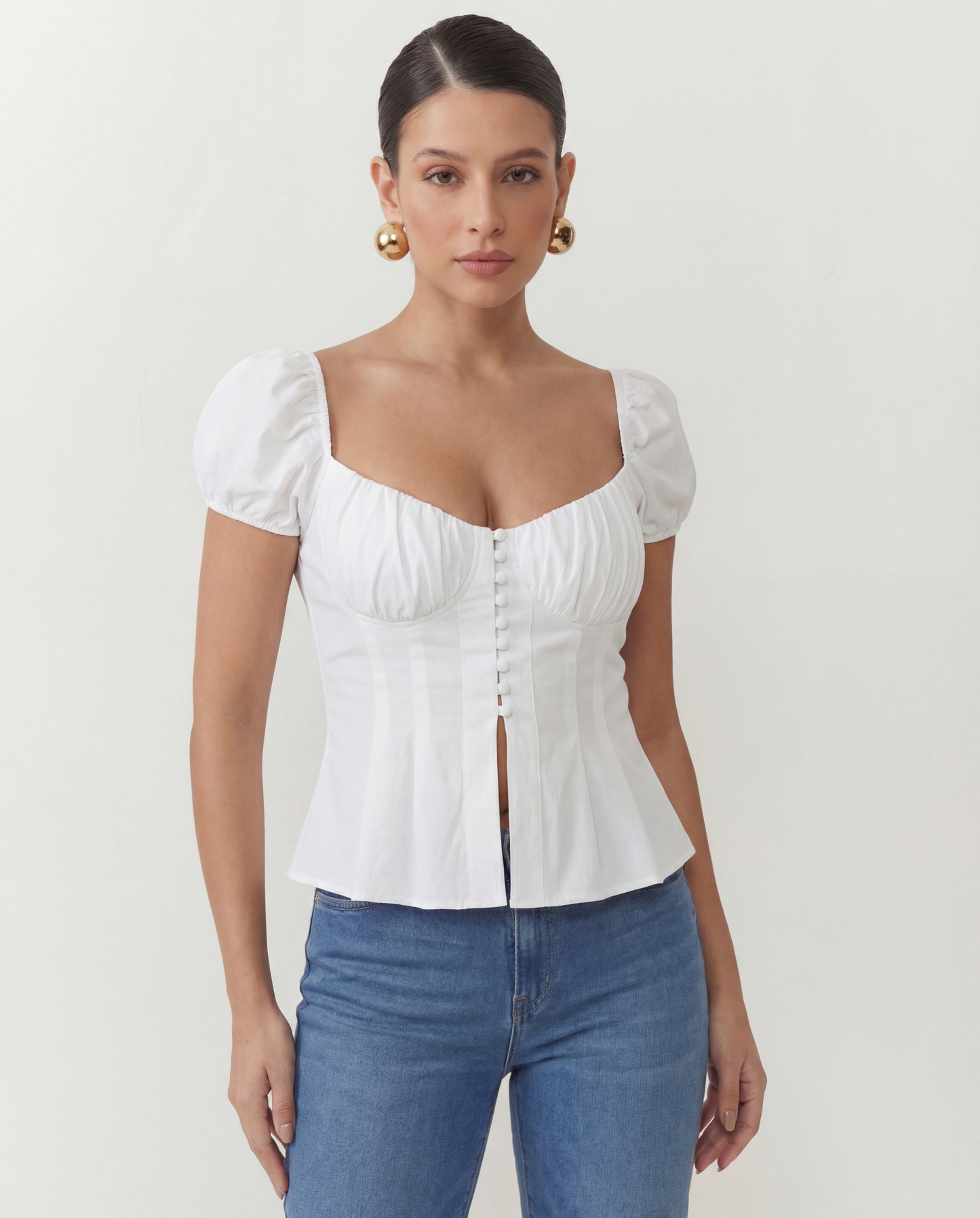 topwear,tops,outdoor events,glam, minimal,summer,woven,cotton,white,solid,ruched,skinny fit,peplum,waist length,flared hem,sweetheart neck,puff sleeves,short sleeves	OY1902-white,  25060014GG