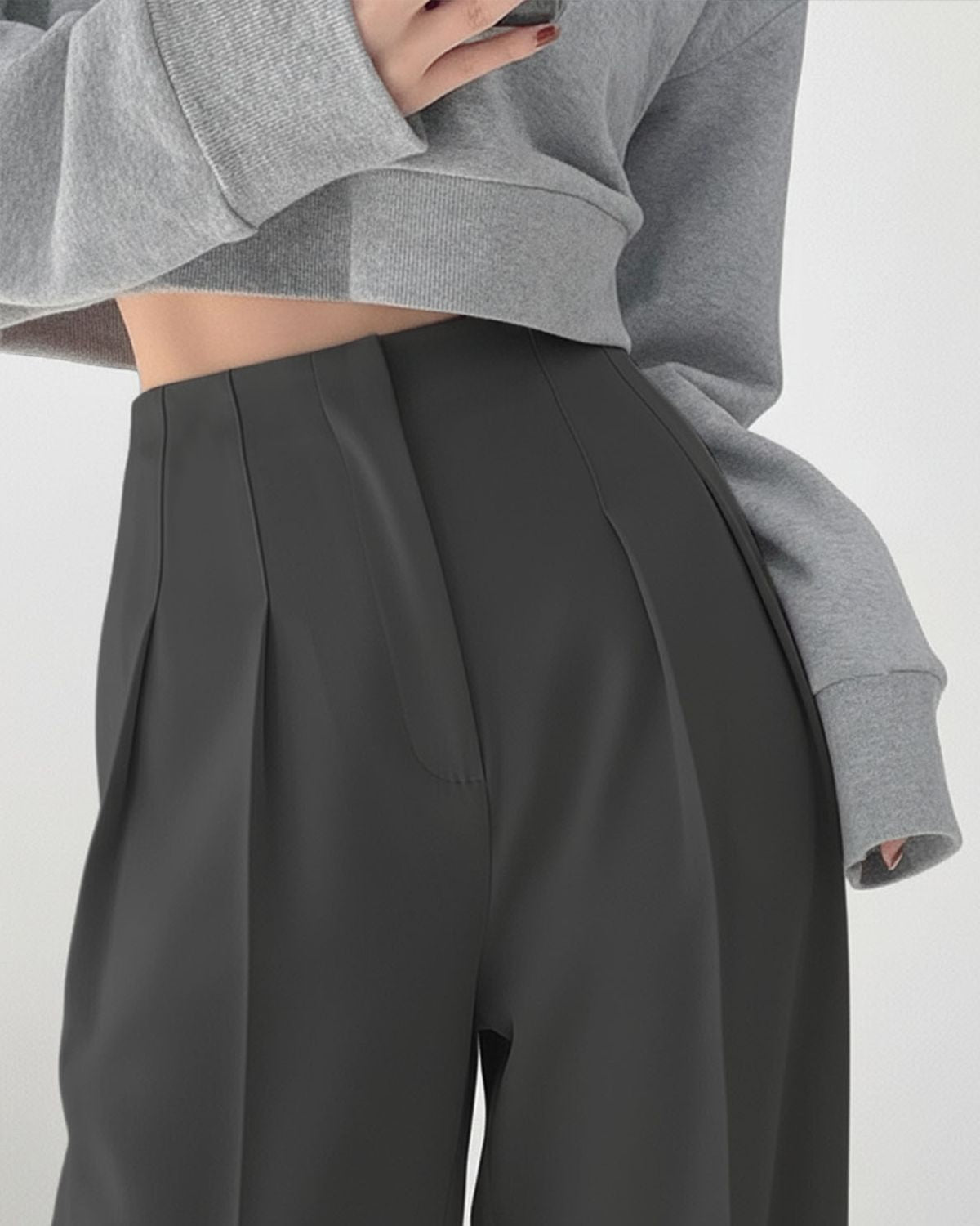 bottomwear,trousers,semi-formal,workwear,stretchable,polyester, spandex,grey,pleated,relaxed fit,wide leg,full length,high rise, OY963- dark grey ,25090079GG