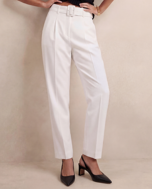 Belted Tapered Pants With Belt - White