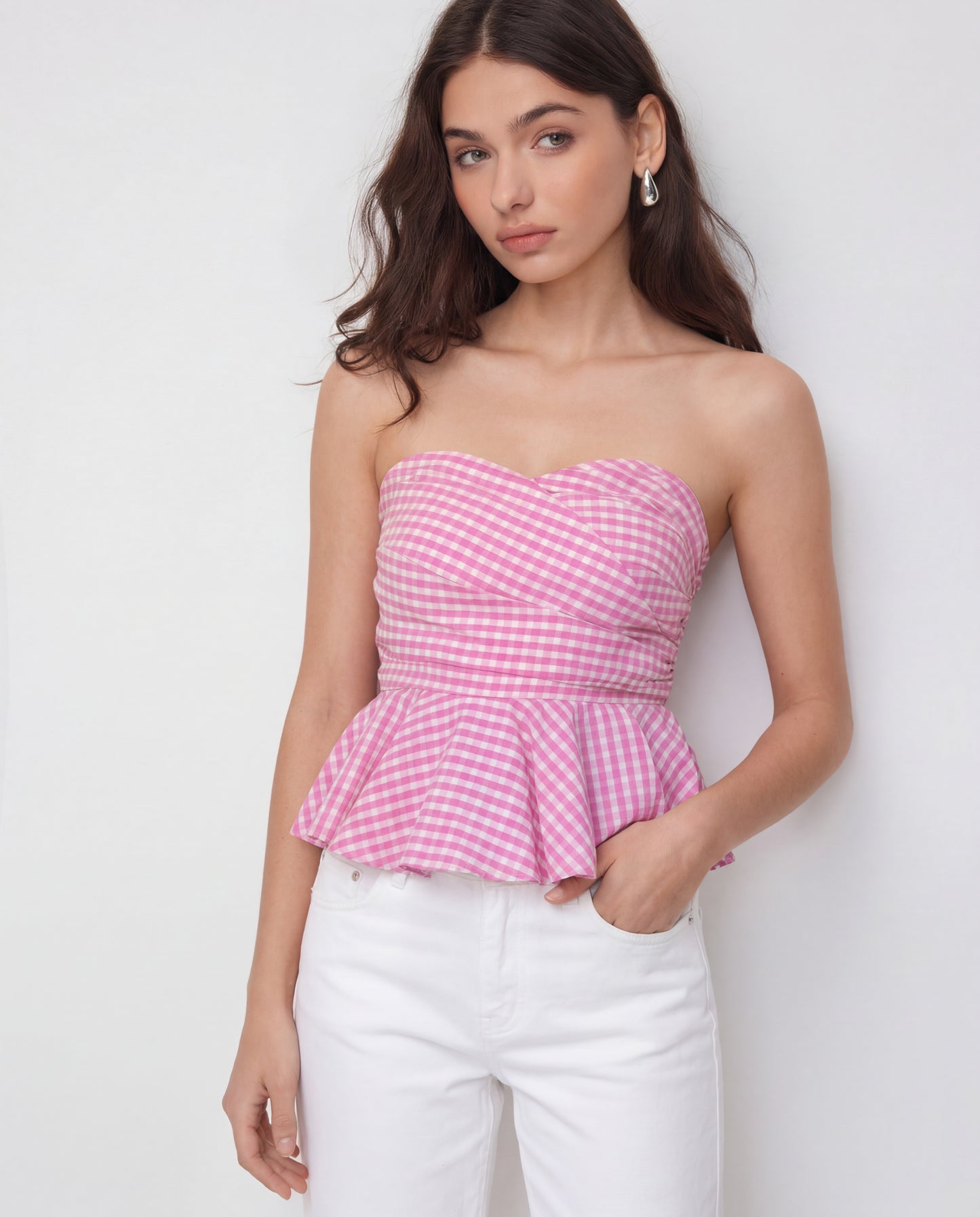 Pink Gingham Stripes Bandeau Top