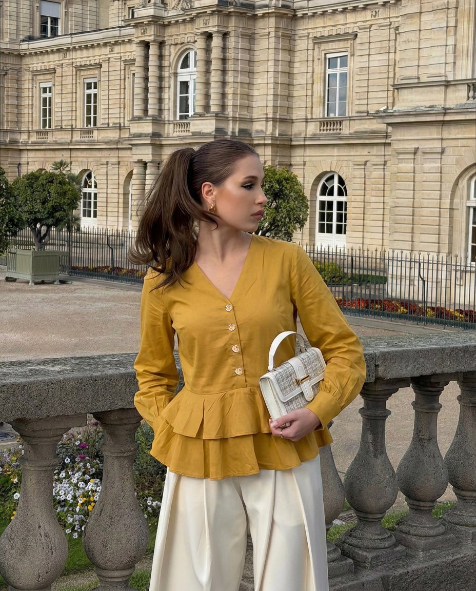 Double Layer Peplum V-Neck Top - Mustard
