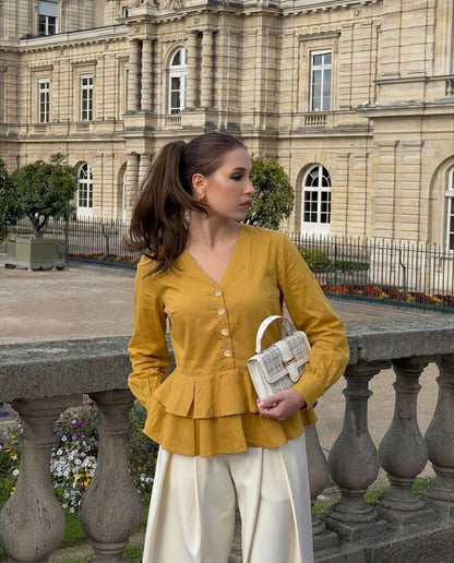 Double Layer Peplum V-Neck Top - Mustard