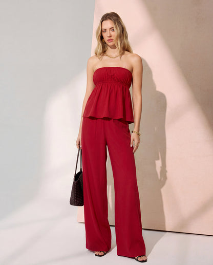 Cherry Red Bandeau Top And Pants Co Ord Set