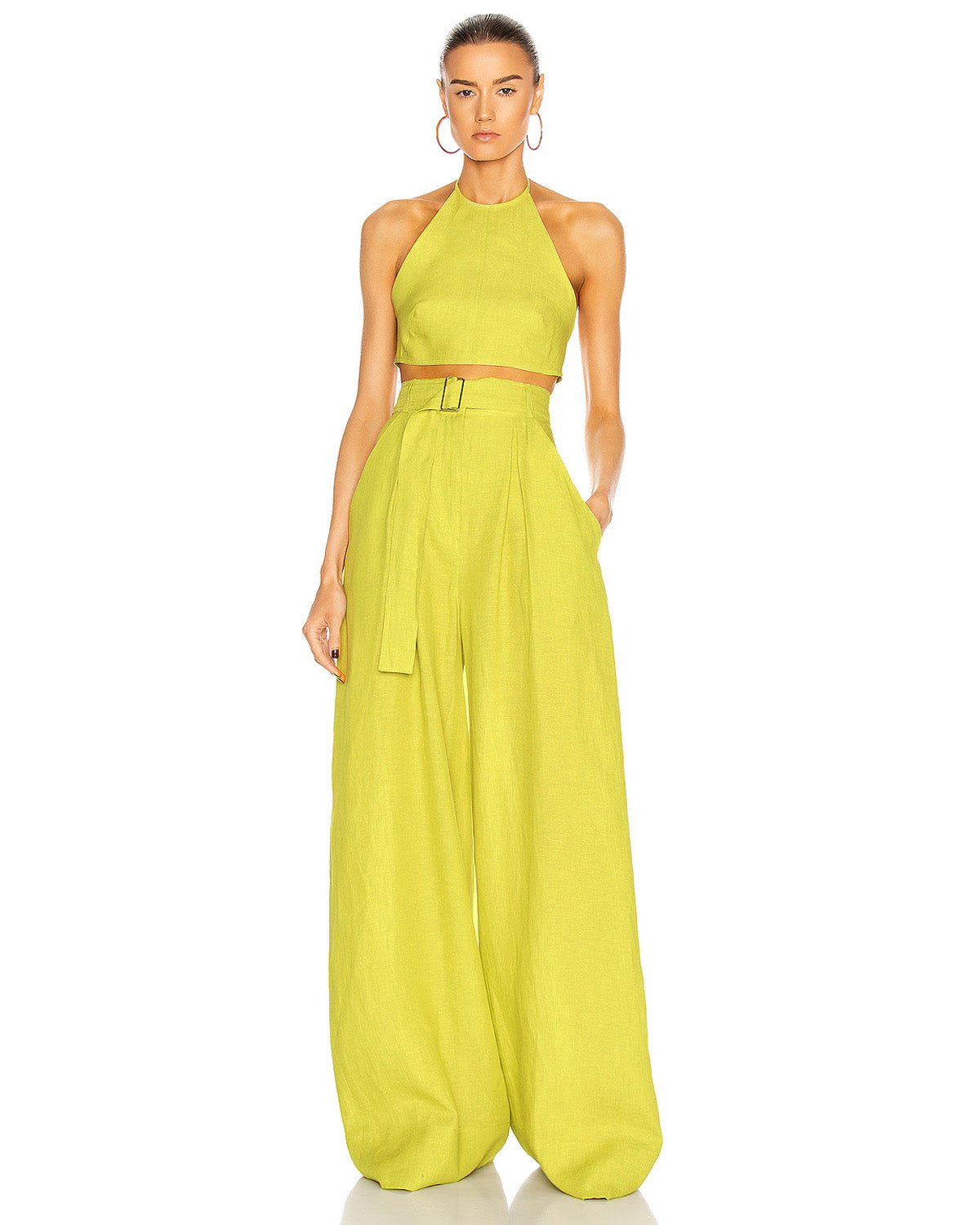 coord sets,bottomwear, topwear,vacation, outdoor events,beach, minimal, sophisticated, timeless,woven,cotton slub,NA,citric green,solid,pleated, tie knot, utility pocket,drawstring,tailored fit top,crop top,crop top,straight hem,halter neck,spaghetti strap,NA,sleeveless,backless,pants,wide leg pants,full length,NA,high rise waist,2 pockets	25040015GG OY1401