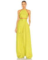 coord sets,bottomwear, topwear,vacation, outdoor events,beach, minimal, sophisticated, timeless,woven,cotton slub,NA,citric green,solid,pleated, tie knot, utility pocket,drawstring,tailored fit top,crop top,crop top,straight hem,halter neck,spaghetti strap,NA,sleeveless,backless,pants,wide leg pants,full length,NA,high rise waist,2 pockets	25040015GG OY1401