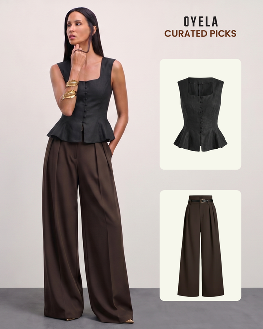 Black Buttoned Peplum Top and Dark Brown Pleated Pants With Belt
