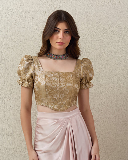 Gold Puff Sleeves Brocade Corset Top