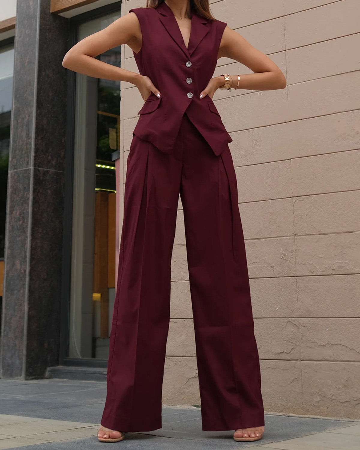 coord sets,bottomwear, topwear,formal, semi-formal, outdoor events,minimal, timeless, urban fit,knitted, stretchable,polyester, spandex,maroon,solid,panelling,button,tailored fit top,waist coat,waist length top,slit hem,lapel collar,no sleeves,no sleeves,button down top,trousers,pleated pants,full length,straight hem,high rise waist,2 pockets,25060013GG, OY1246