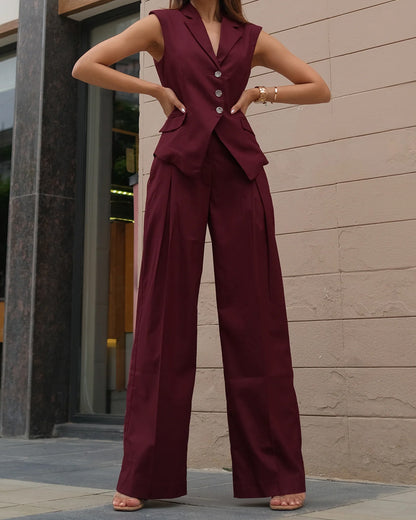 coord sets,bottomwear, topwear,formal, semi-formal, outdoor events,minimal, timeless, urban fit,knitted, stretchable,polyester, spandex,maroon,solid,panelling,button,tailored fit top,waist coat,waist length top,slit hem,lapel collar,no sleeves,no sleeves,button down top,trousers,pleated pants,full length,straight hem,high rise waist,2 pockets,25060013GG, OY1246
